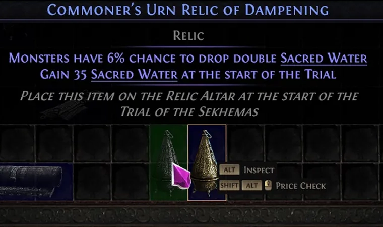 Dimmed Commoner's Urn Relic of Dampening on the left, with Sacred Water bonuses and no Relics quantity. The highlighted Swift Urn remains on the right.