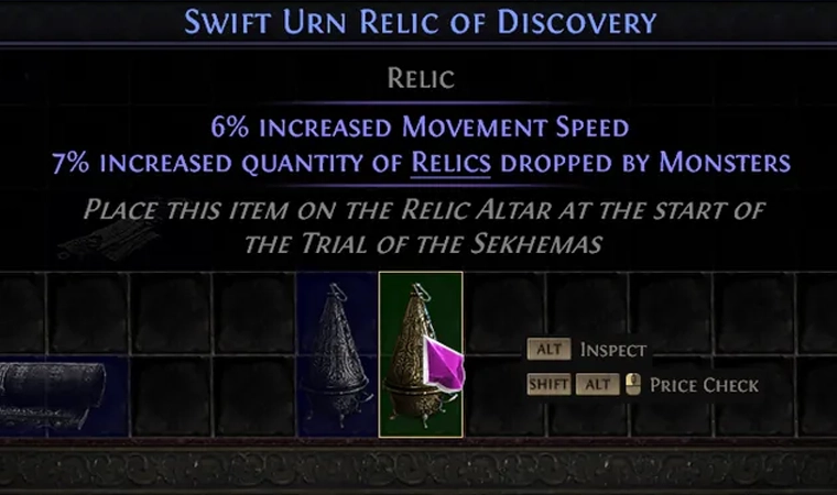 Highlighted Swift Urn Relic of Discovery on the right, with 7% increased quantity of Relics dropped by Monsters. Commoner's Urn remains on the left.