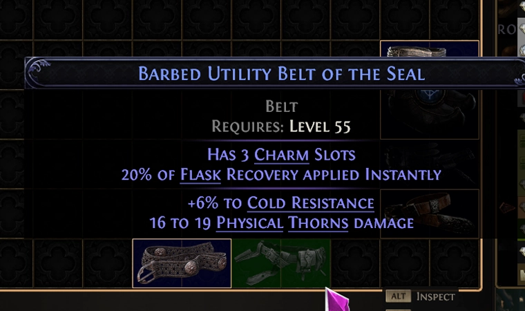 Dimmed Magic Barbed Utility Belt of the Seal with a blue name, beside a highlighted Rare belt.