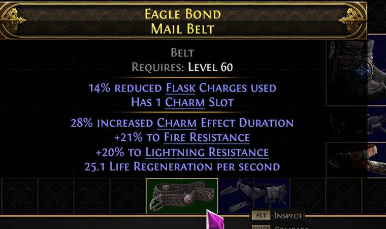 Highlighted Rare Eagle Bond Mail Belt with a yellow name, beside the dimmed Magic belt.