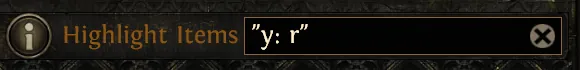 In-game stash search field containing the complete expression "y: r".