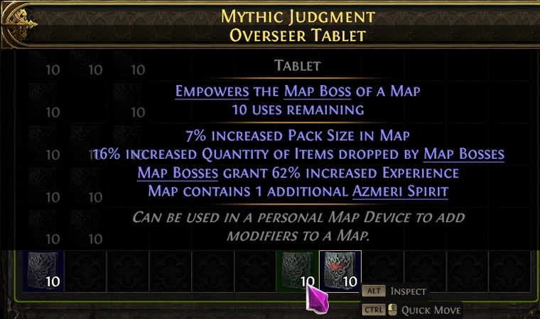 Dimmed Mythic Judgment Overseer Tablet with additional Azmeri Spirit and map boss bonuses, but neither requested effect.