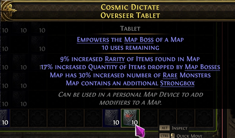 Highlighted Cosmic Dictate Overseer Tablet with 30% increased number of Rare Monsters and an additional Strongbox.