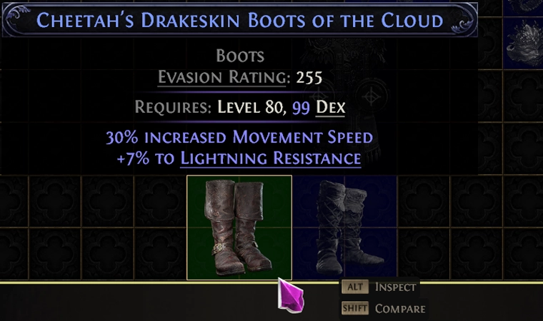 Highlighted brown Cheetah's Drakeskin Boots of the Cloud on the left, with 30% increased Movement Speed. The grey boots remain on the right.
