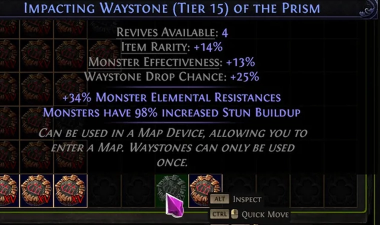 Dimmed Impacting Waystone of the Prism with +34% Monster Elemental Resistances, immediately left of the highlighted orange Waystone.
